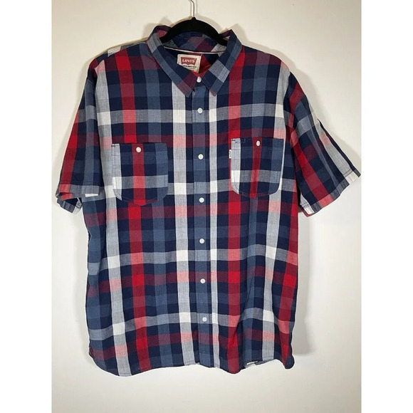Levis Blue Red White Plaid Short Sleeve Button Up Shirt Size X-Large - Picture 1 of 5